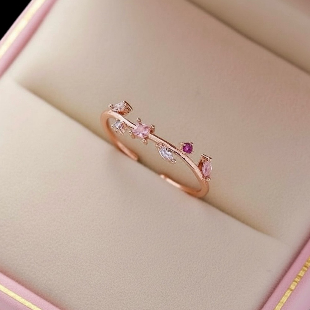 Mini Crystal Garden 14k Rose Gold Plate Minimalist Stacking Ring Adjustable Band